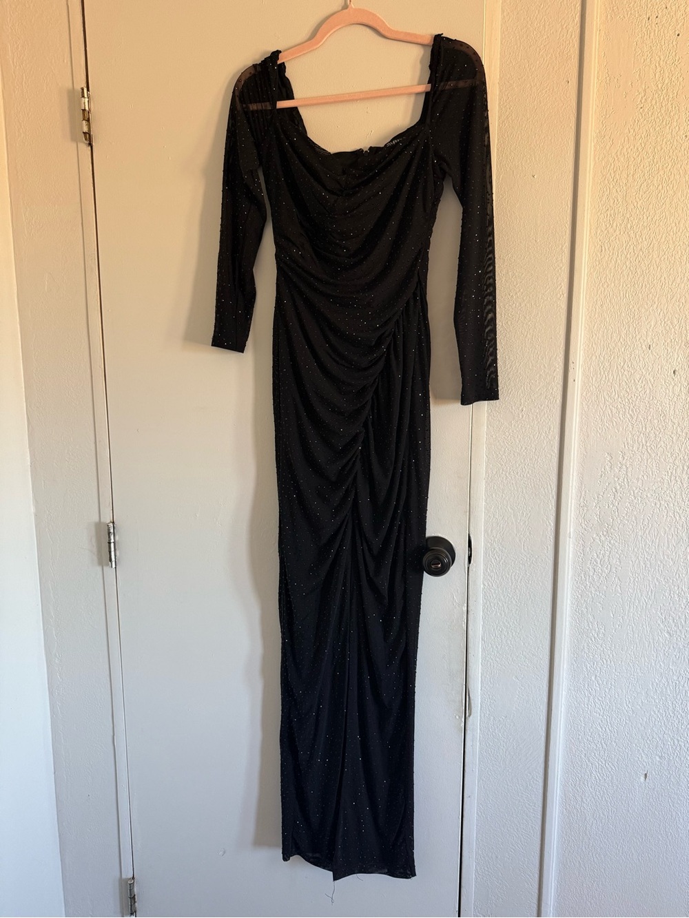 Symphony Black Long-Sleeve Ruched Sparkle Gown